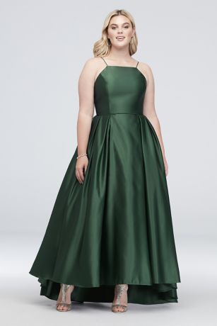 High-Neck Satin Plus Size Ball Gown ...